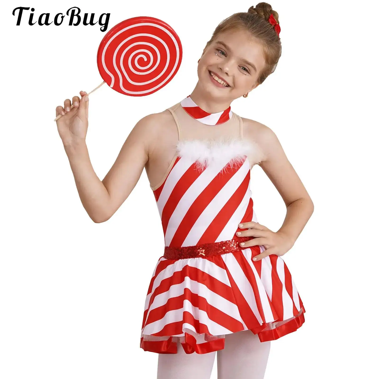 

Kids Girls Candy Striped Ballet Dance Dress with Plush Neck Striped Sequins Leotard Christmas Santa Claus Performance Costume