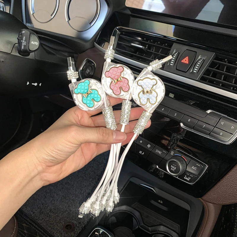 Bling-cargador de coche USB Multi Cable de carga, lindo Auto de carga rápida con 1 en 3 tipo C/Micro/puerto de sincronización de línea de datos,