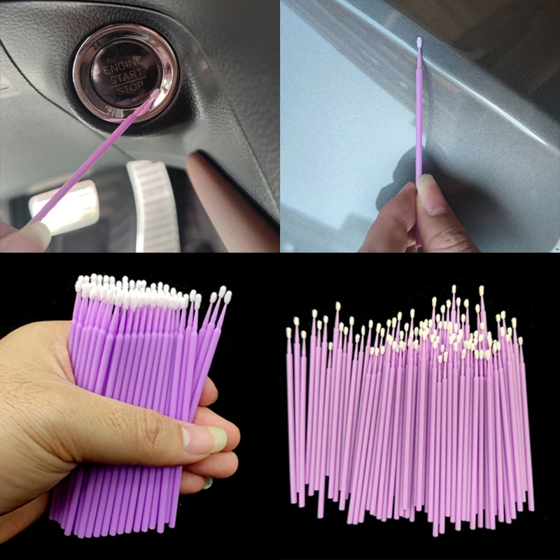 100Pcs Up Paint Micro Brush Tips 1.5mm Mini Car Touch Up Paint Micro Brush Purple Auto Applicator Sticks Detailing Car Products