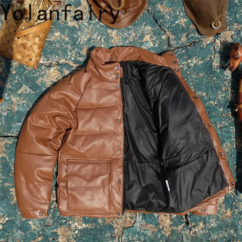 YOLANFAIRY 100% Genuine Leather Jacket Men Fashion Real Cowhide Leather Coat Man Clothes Winter Casual White Duck Down Jacket