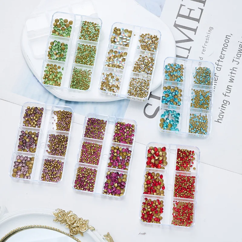 6 Grids/Box  Glass Rhinestone SS6-SS20 Mixed Sizes Flatback Crystal Stones Glue on Diamond 3D Nail accessories