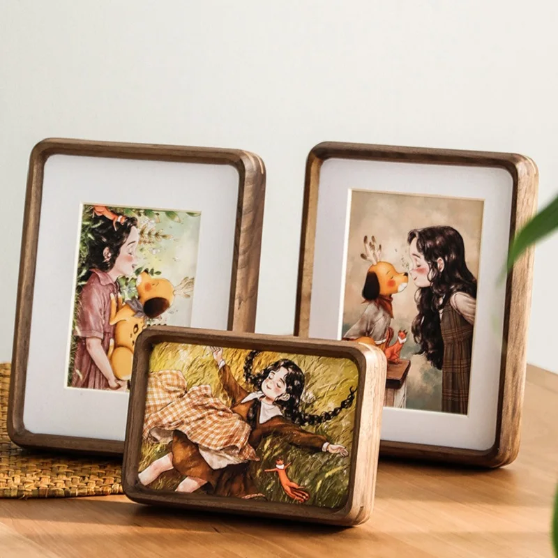 Solid Walnut 6-Inch Round Corner Tabletop Picture Frame - Rustic Wood Photo Frame for Display and Decoration
