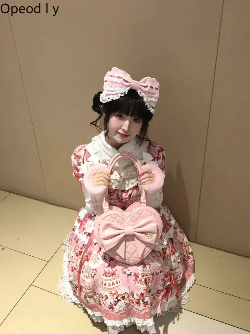

Sweet and Cute Japanese Original Lolita Women's Love Handbag Bow Large Capacity Jk Uniform Versatile Zipper Shoulder Bag