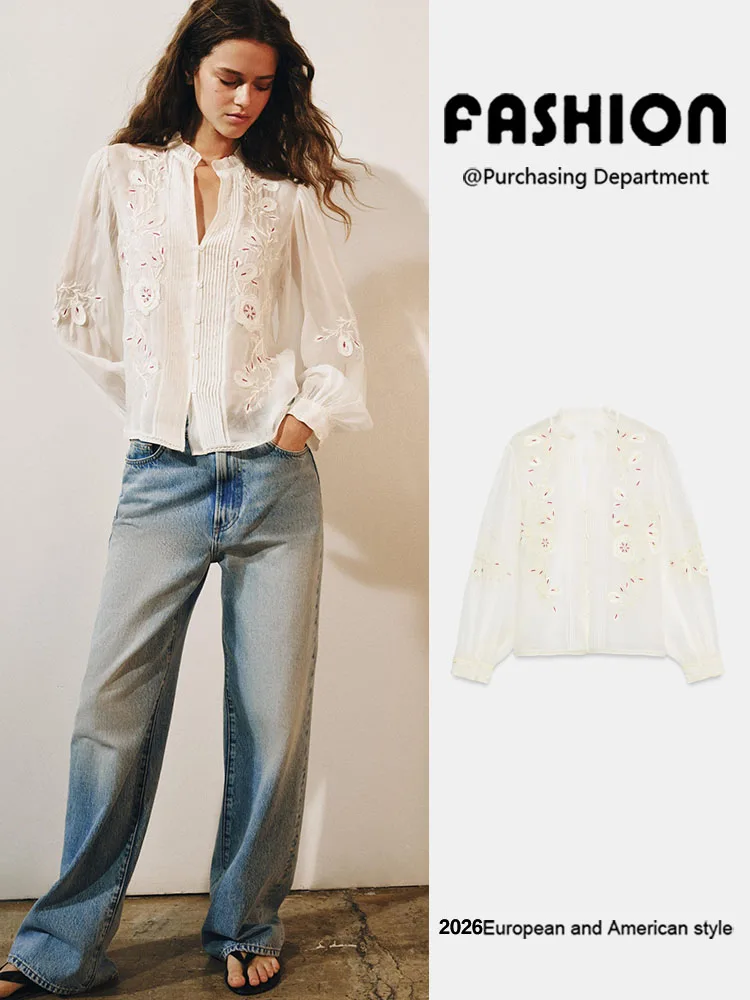 New Autumn Women's Fashionable Long Sleeve Transparent Embroidered Stand Collar Hard Shantung Shirt Versatile Top ZA2026