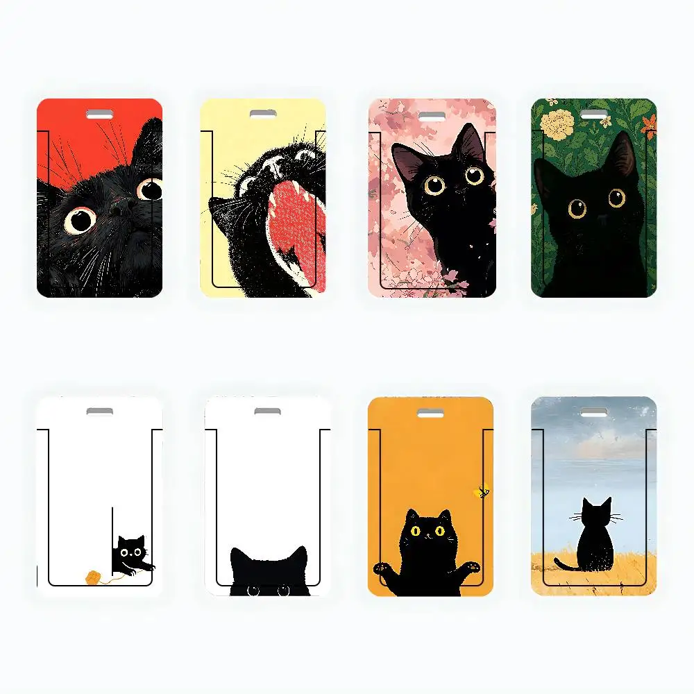 Black Cat Pattern ID Card Holder Neck Strap Lanyard Clear ID Badge Case Door Card Universal Daily Accessorie Gift For All Crowds