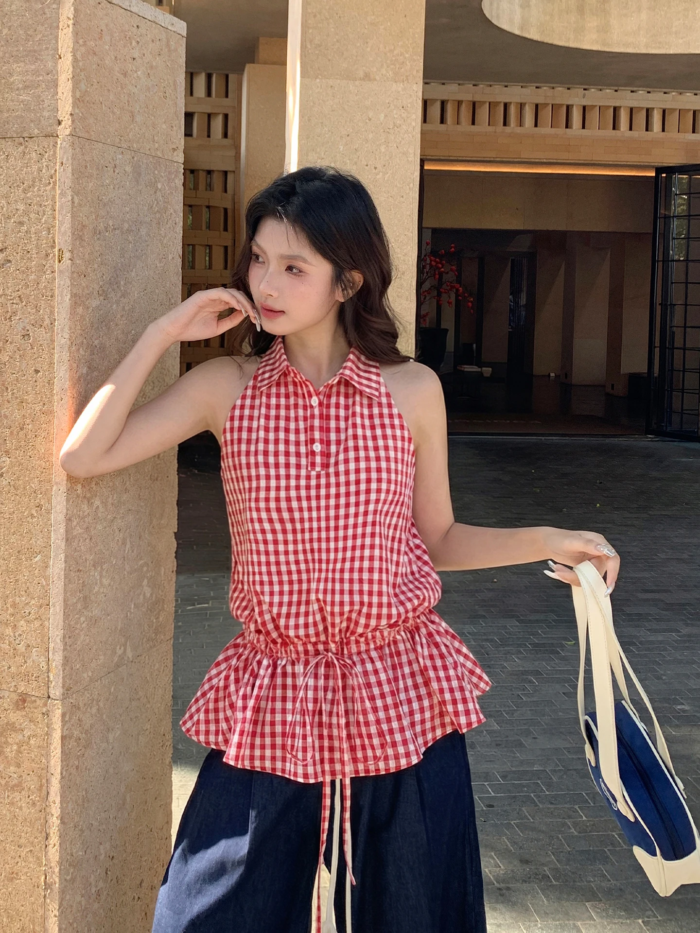 

Original White Little Fish Korean Style Sweet Sister Plaid Neck Hanging Sleeveless Shirt Women Summer Drawstring Waist Slimmi...