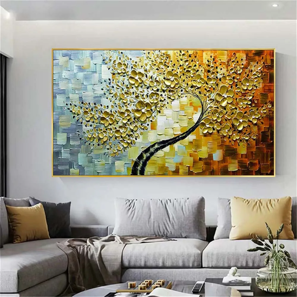 

100% Hand-Painted Knife Golden Color Oil Paintings Decor Room Wall Modern Abstract Flower Tree Landscape Picture On Canvas Trim