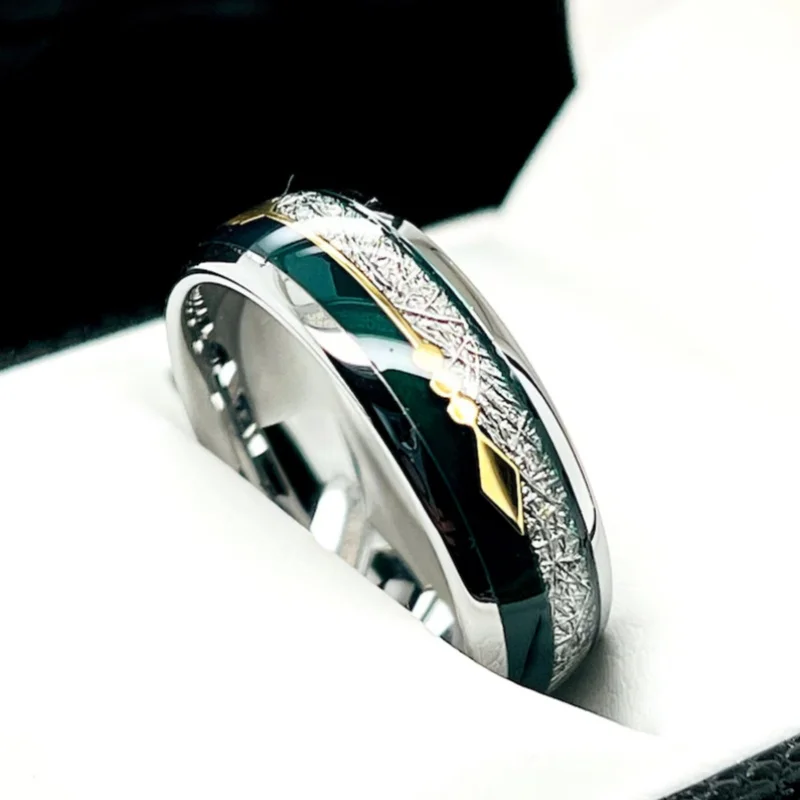 Wedding Ring, Green Agate Meteorite Tungsten Carbide Ring with Arrow Inlay, Men\'s and Women\'s Engagement Ring, 8Mm
