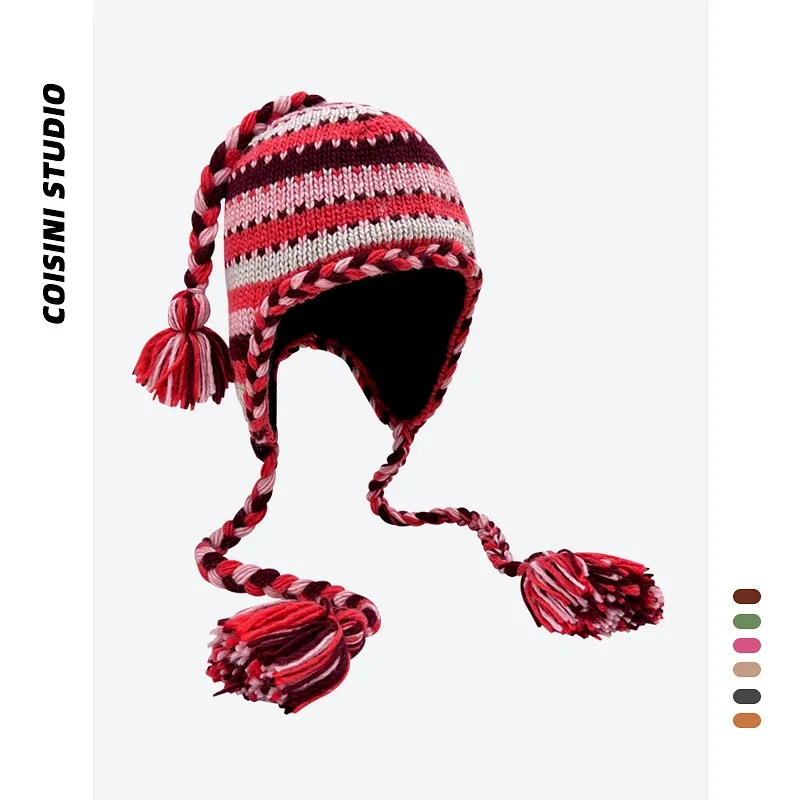 High-quality Ethnic Style Handknitted Pullover Hat Winter Men and Women Velvet Warm Striped Ear Protector Lace-up Bomber Hats