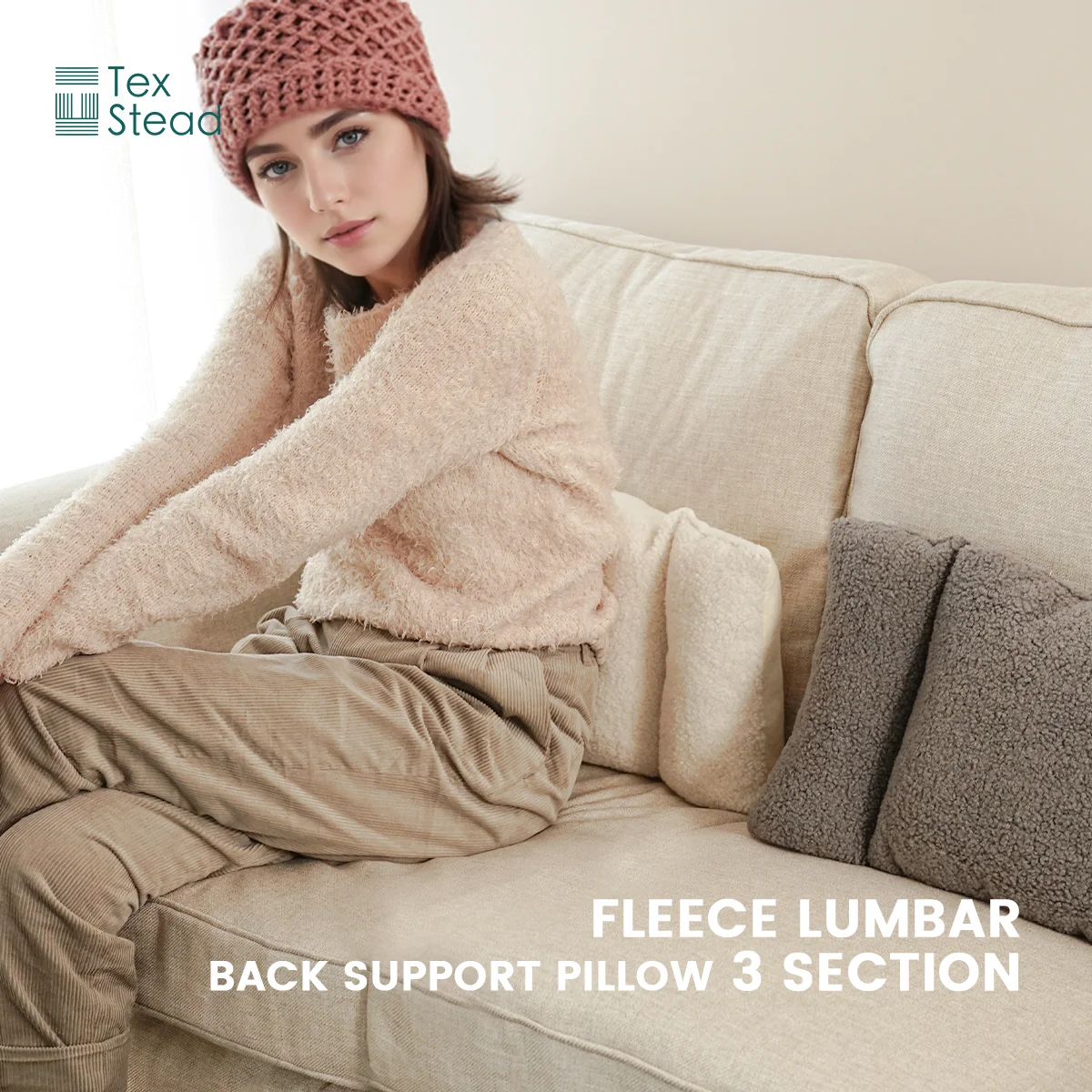 Teddy Fleece 3-Section Lumbar Support Pillow with Memory Foam, Anti-Slip Ergonomic Cushion for Office Car & Home, Ultra Cozy.
