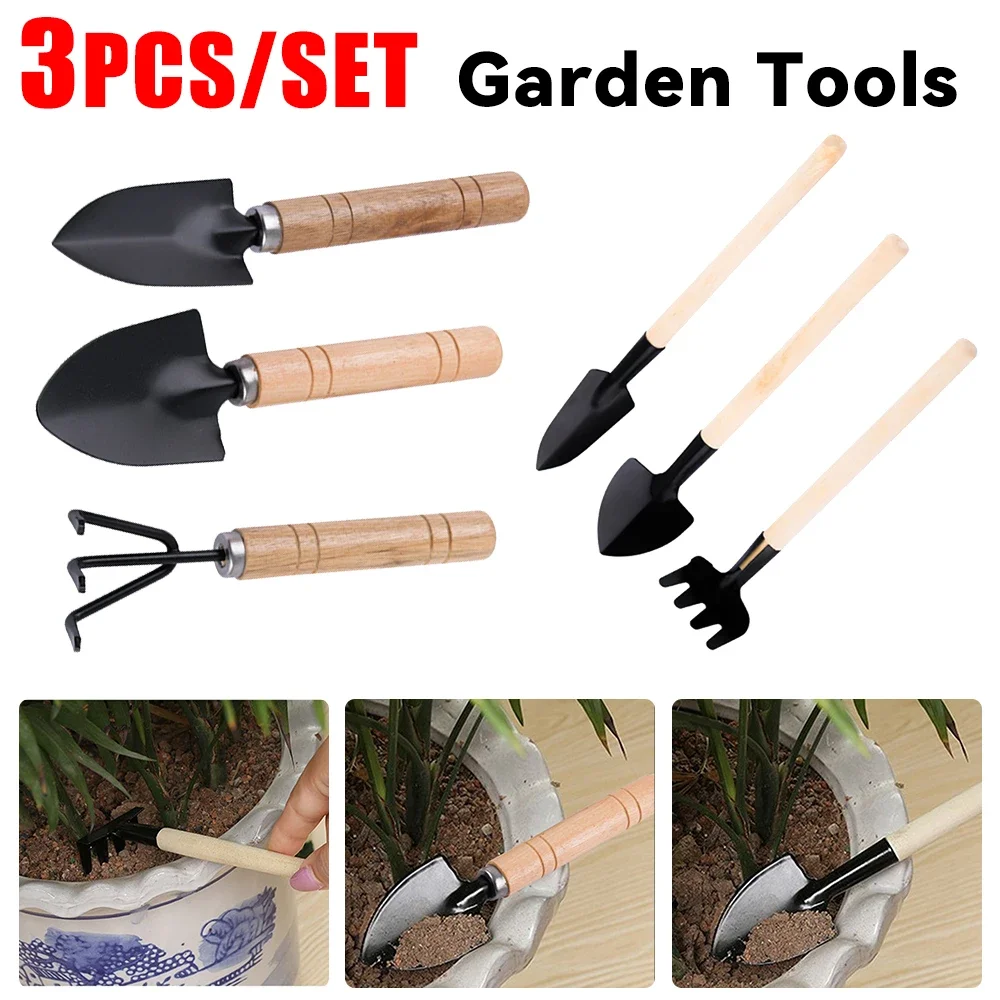 3Pcs Shovel Rake Spade Set Mini Garden Tools Multifunction Bonsai Tools Set Wooden Handle Garden Tool Sets for Indoor Gardening