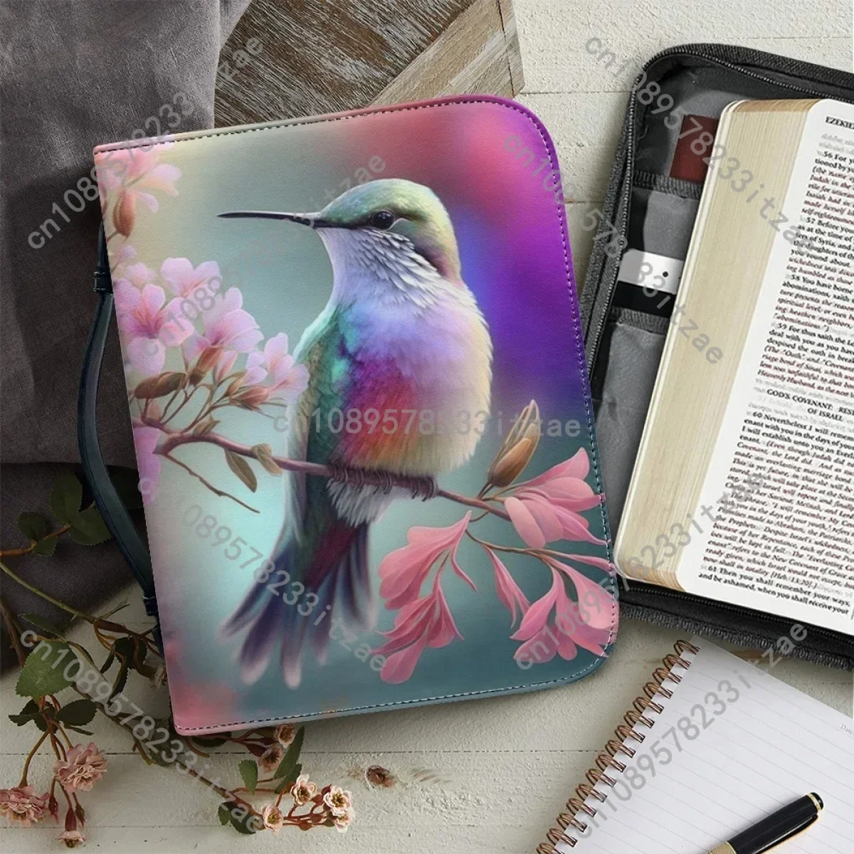 

Trendy Floral Hummingbird Print Women's Bible Bag Leather Bible Cover Case Portable Zippered Handle Handbags Bible Storage Bags