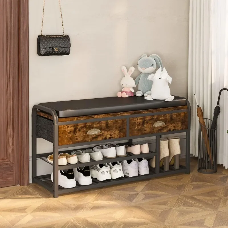 3 Tier Entryway Bench Shoe Storage Bench with Padded Seating & Drawers 35.5” Metal Entryway Foyer Hallway Bench