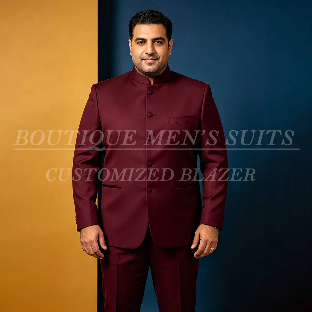 Plus Size Men's Suits Solid Color Wedding Nehru Blazer High Quality Single Breasted Stand Lapel 2 Piece Jacket Pants Sets