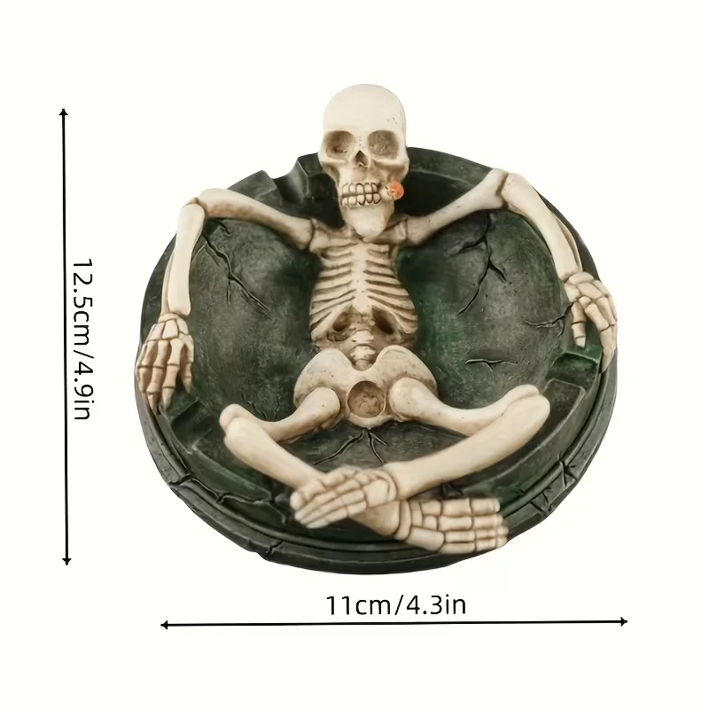 Durable Resin Gothic Round Skeleton Ashtray 1pc | Compact Halloween Home Decor with Realistic Bone Detailing for Indoor/Outdoor
