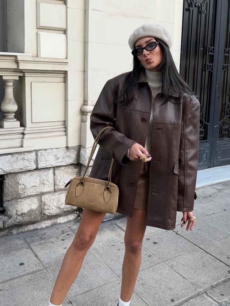 

Casual Women Lapel Chic Brown Distressed Leather Jacket Single Breasted Pocket Loose Outerwears Lady Daily Commute Street Coat