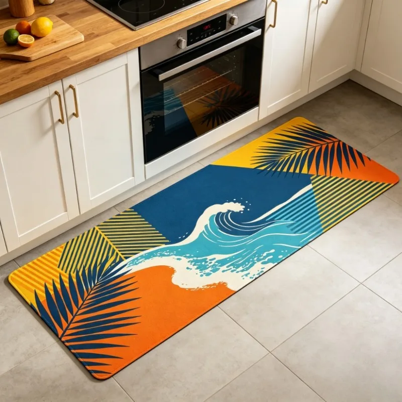 VIKAMA Summer Beach Vibes Kitchen Long Strip Mat Non-Slip Absorbent  Anti-Fatigue Floor Rug with Palm Tree & Shell Print