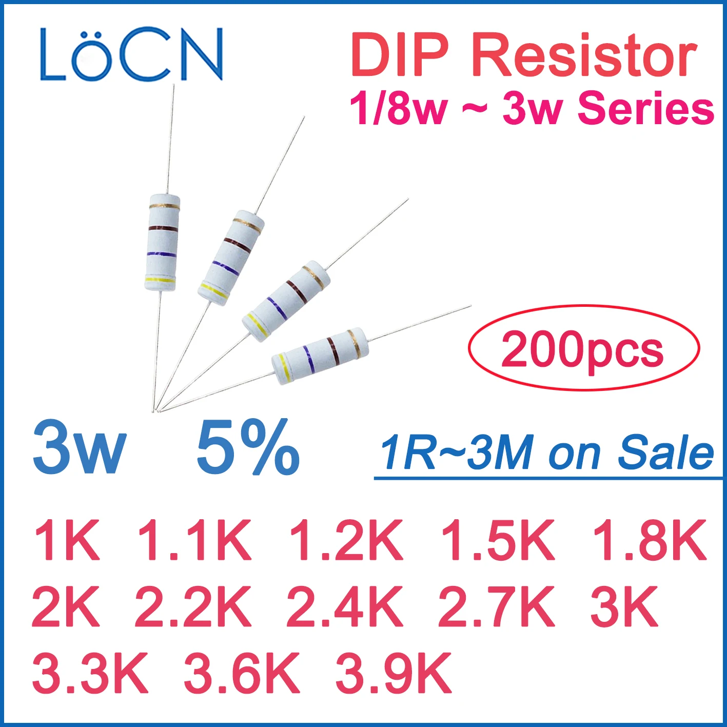 200 قطعة 5% 3 واط الكربون فيلم المقاوم DIP 1K 1.1K 1.2K 1.5K 1.8K 2K 2.2K 2.4K 2.7K 3K 3.3K 3.6K 3.9K أوم اللون الدائري 1R ~ 3M 1w 2w