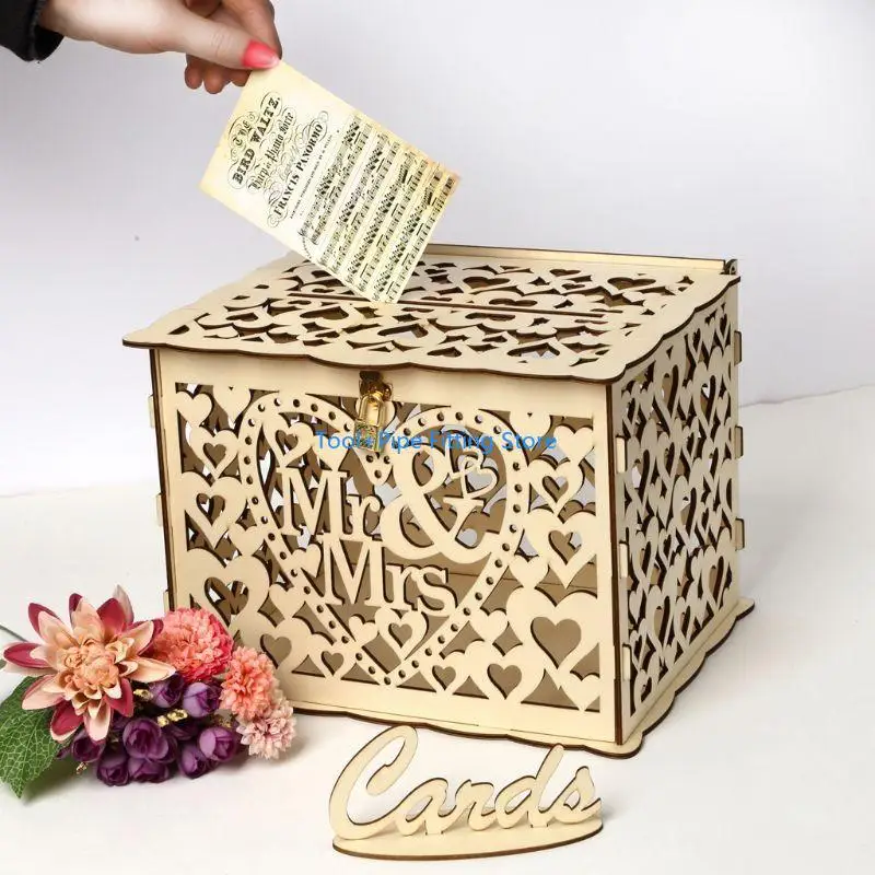 F92B DIY GEED HIME MR & MRS WOODEN CARD MONEY لقضية مع قفل Rustic Beauti