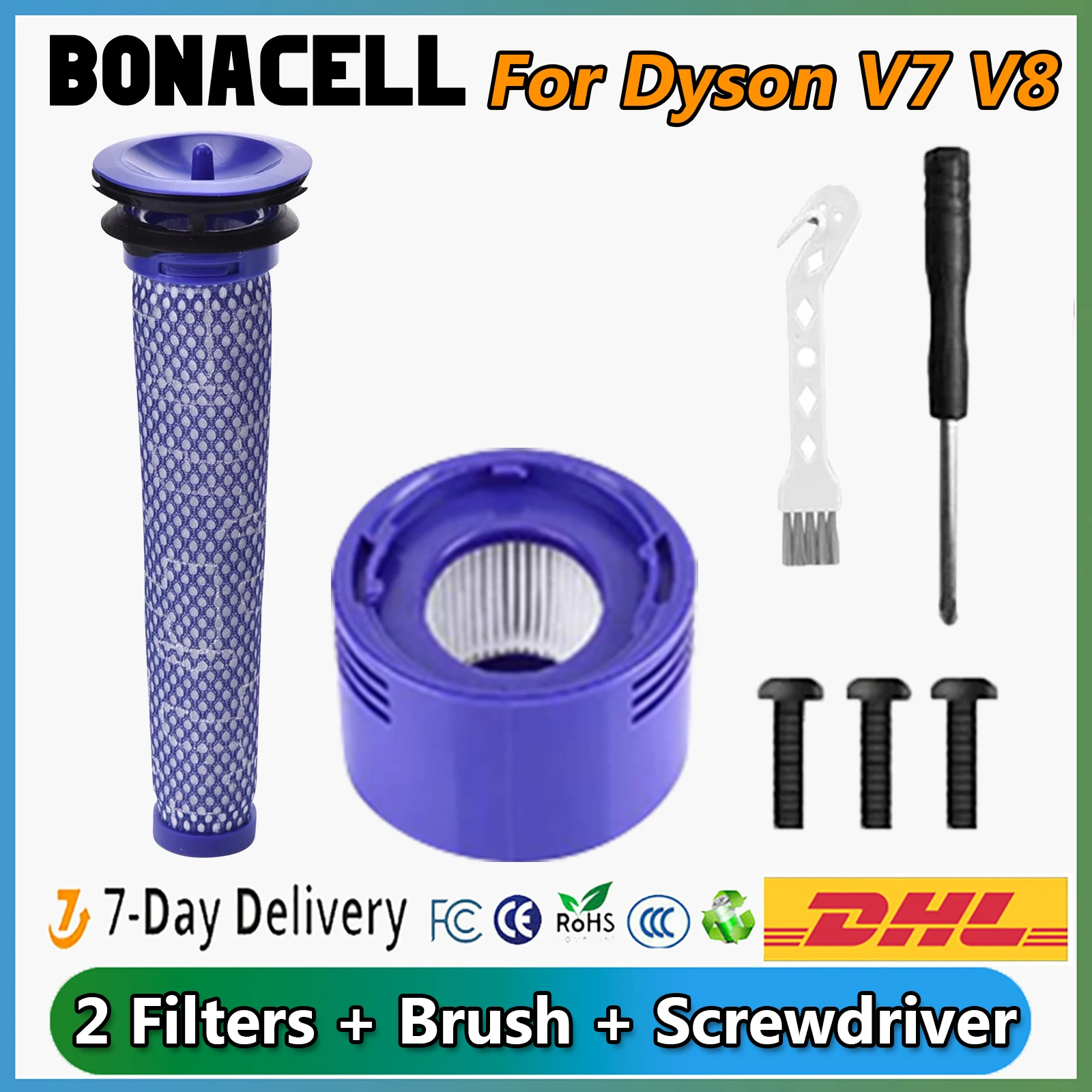 Bonacell For Dyson V7 V8 Battery Vacuum Cleaner Tool Accessories 2 Filters + Brush + Screw + Screwdriver Power Tool Accessories