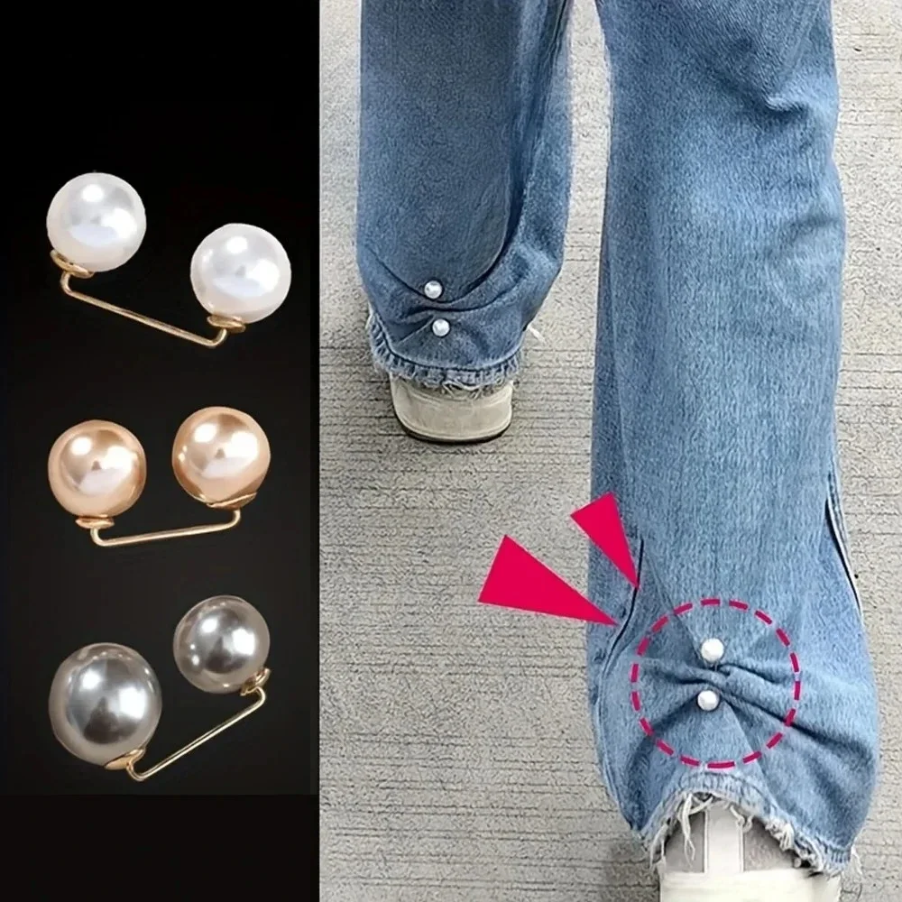 2Pcs Pearl Jean Clips, Women Pants Tightener Length Adjuster, Ankle Buckle Anti‑Exposure Safety Pin Fashion Clothes Decor