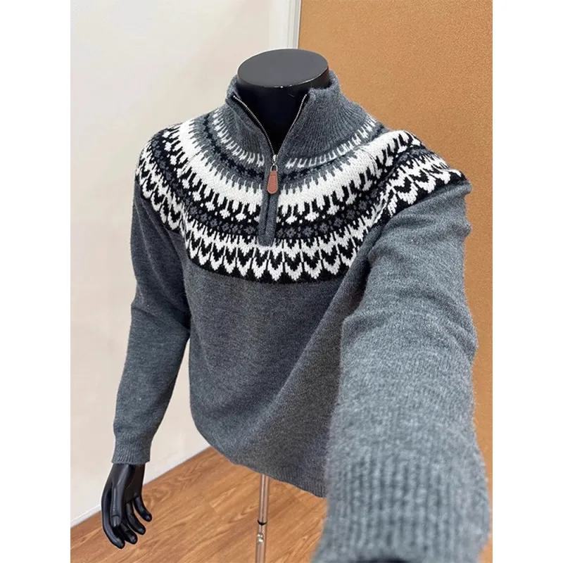 

Мужской вязаный свитер Fair Isle с полувысоким воротником на молнии — серый (черный) M-2XL | Американский повседневный стиль ​