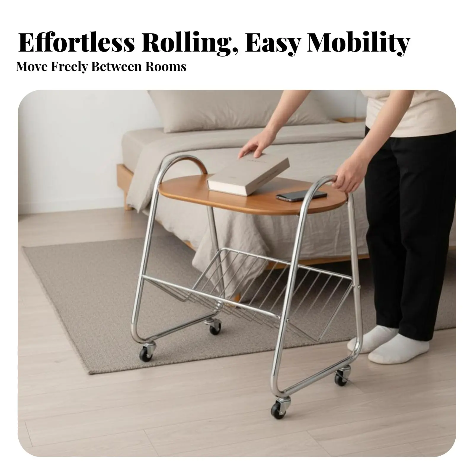 

Двухуровневая тележка на колесиках: современный дизайн, металлическая, минималистичная, с роликами, для спальни, рядом с диваном