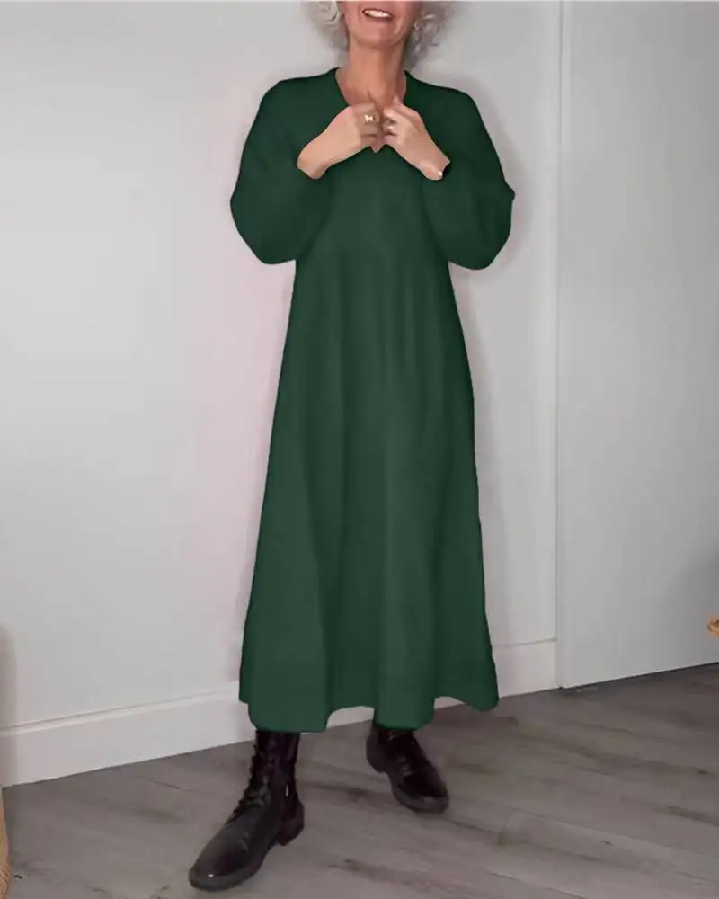 Robe Maxi en Coton et Lin pour Femme, Élégante, Décontractée, à Manches sulf, Col Ras du Cou, Tunique d'Été