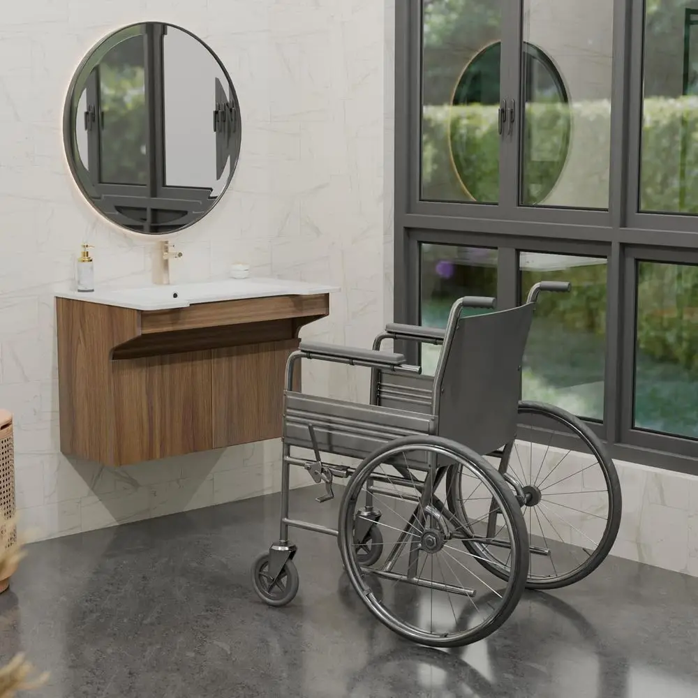 الغرور العائم الحديث المتوافق مع ADA مع خزانة خشبية وحجر الراتنج وقضيب إمساك لمستخدمي الكراسي المتحركة وكبار السن