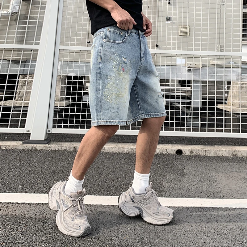 

BGC9381 High Street new Chinese style embroidery trend handsome hot diamond denim shorts men's loose casual five-minute pants