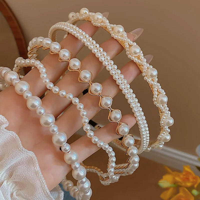 

Elegant White Pearl Headbands for Girls Sweet Rose Flower Hairbands Wave Retro Hair Hoop Headdress Kids Hair Accessories