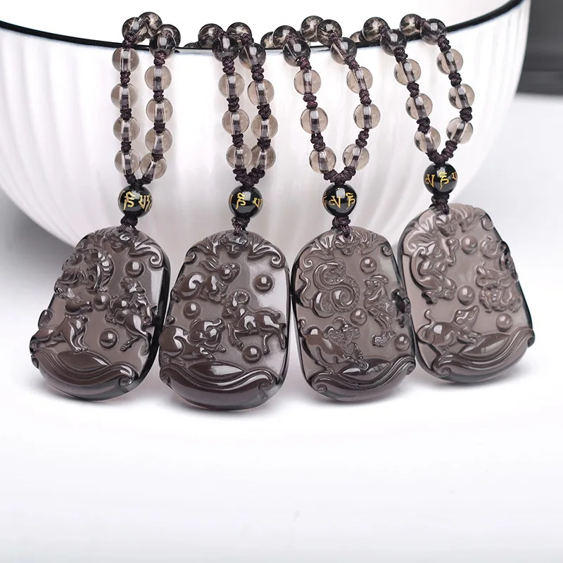 Natural ice obsidian,   monkey, tiger, horse, dog, rabbit, sheep, snake, chicken and cow, Sanhe natal year zodiac necklace