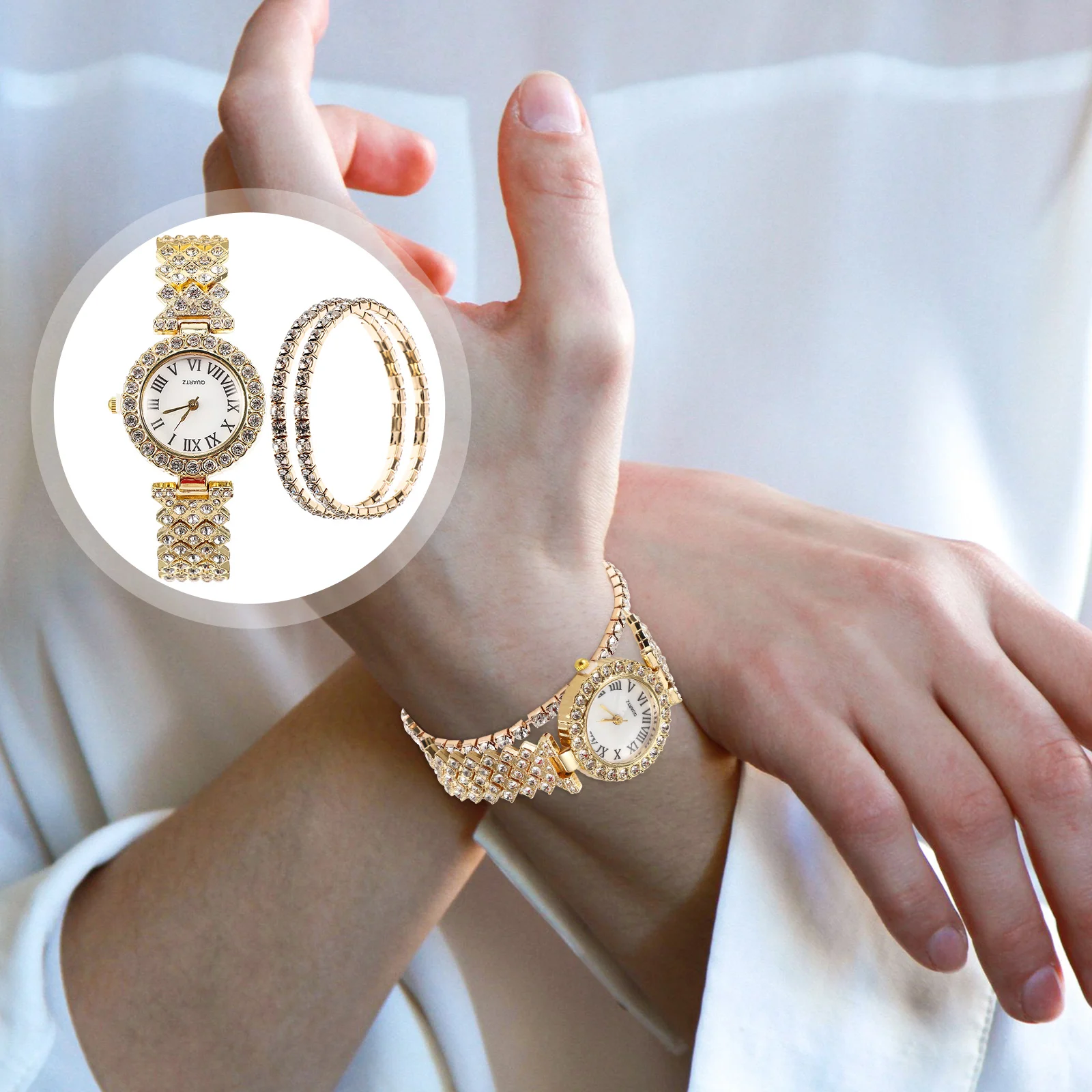 2 Pcs Quartz Watch Bracelet Men Sunglasses Women's Watches Fashion for Girls Diamond Lady Gold Woman