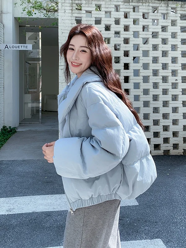 

Синяя женская короткая пуховая куртка с воротником-стойкой, модный дизайн, зимняя верхняя одежда, теплая, для повседневной носки, в корейском стиле