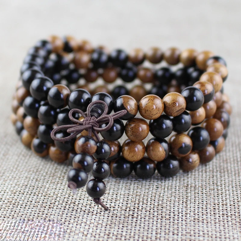 Natural ebony Tibetan Buddha Multilayer 108 Bead Black Bracelet Sandalwood Charm Bracelets Yin Yang Gossip For Men Wood Jewelry