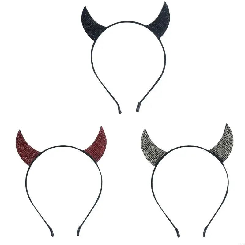 P88A Striking Devil Horns Horns Theme Eye-catching Hair Hoop Headpiece Photo Props Rhinestones Headwear for Music Festival