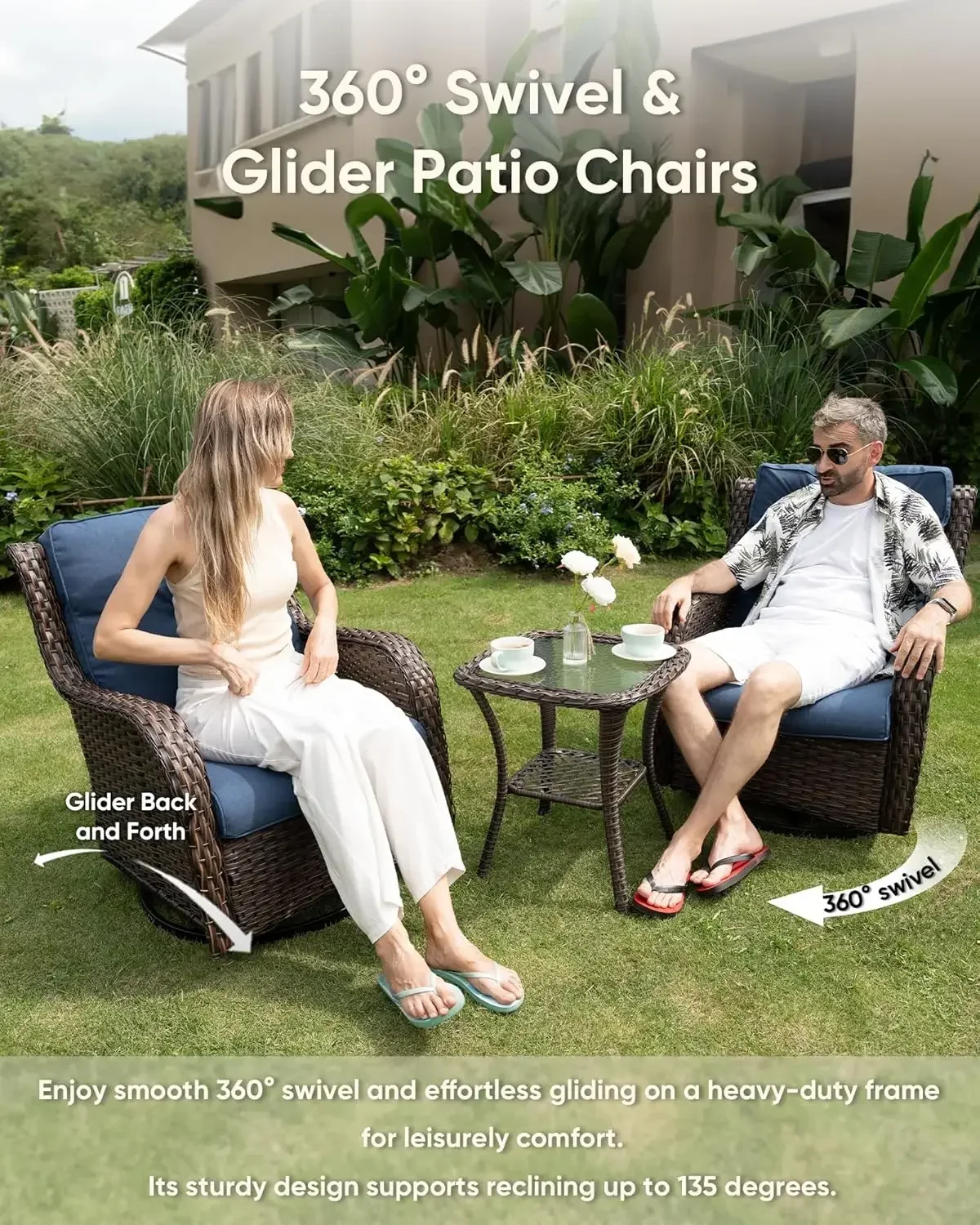Set Of Two Swivel Rocker High Back Patio Chairs With Thick Cushions All Weather Wicker For Porch Poolside Deck Yard