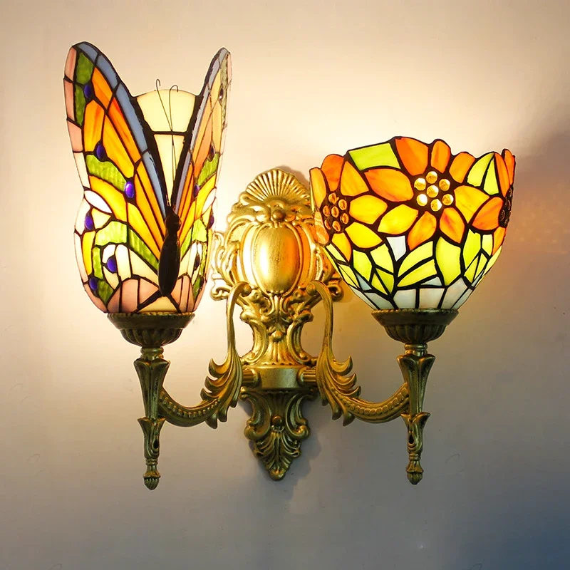 

FAIRY Tiffany Color Butterfl Wall Lamp American Creativity Living Room Bedroom Villa Hotel Restaurant Cafe Bar Aisle Light