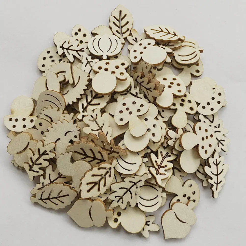 

100Pcs Wood Animal Mushroom Leaf Piece DIY Creative Decor for Home Craft Store Natural Texture Eco-Friendly Wood Pieces