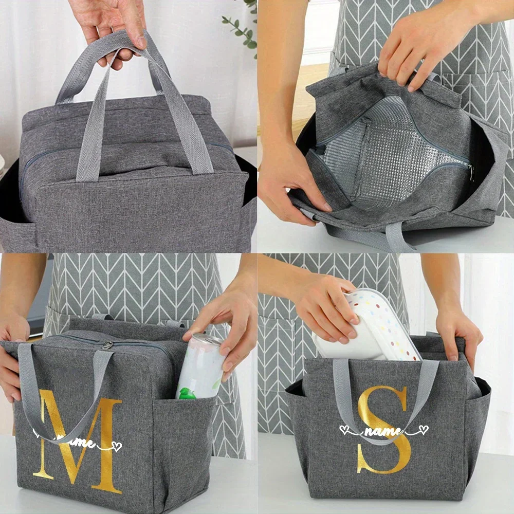 Customized Name Insulated Grey Lunch Bag Personalized Aluminum Foil Bento Gold Letter Lunch Bag Insulated Picnic Food Bag