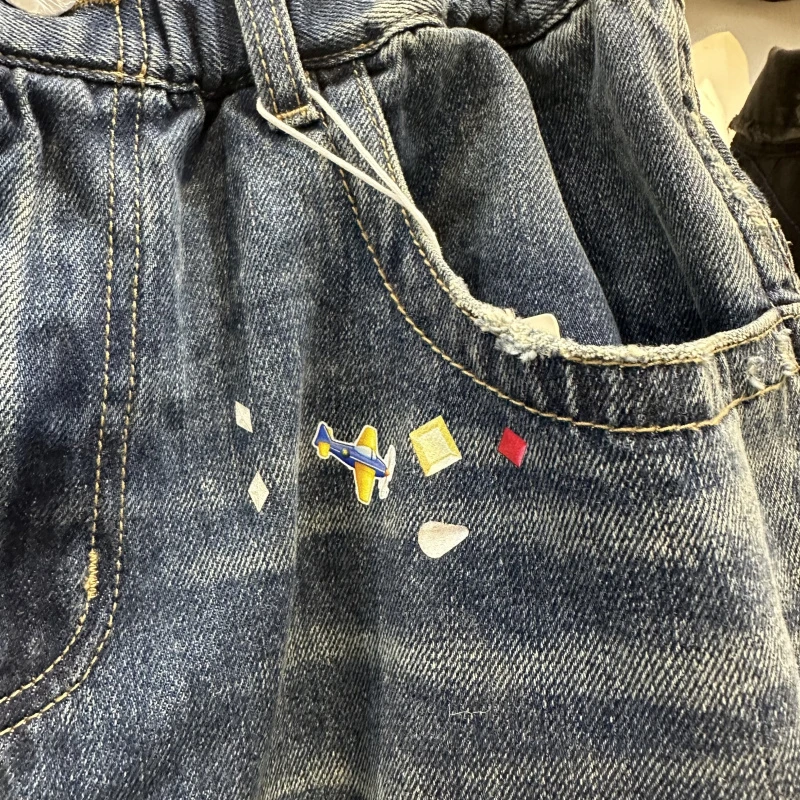 Men's Shorts Classic Cartoon Print Short Jeans Men Women Blue Black Loose Straight Elasticity Short Pants Knee Length Shortpant