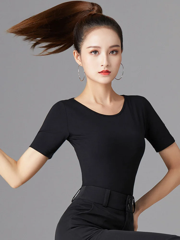 Solid Color Ballroom Waltz Slim Fit Backless Top Jazz Short Sleeves Standard Stage Costume Dance Luxury Latin Women Line T-shirt