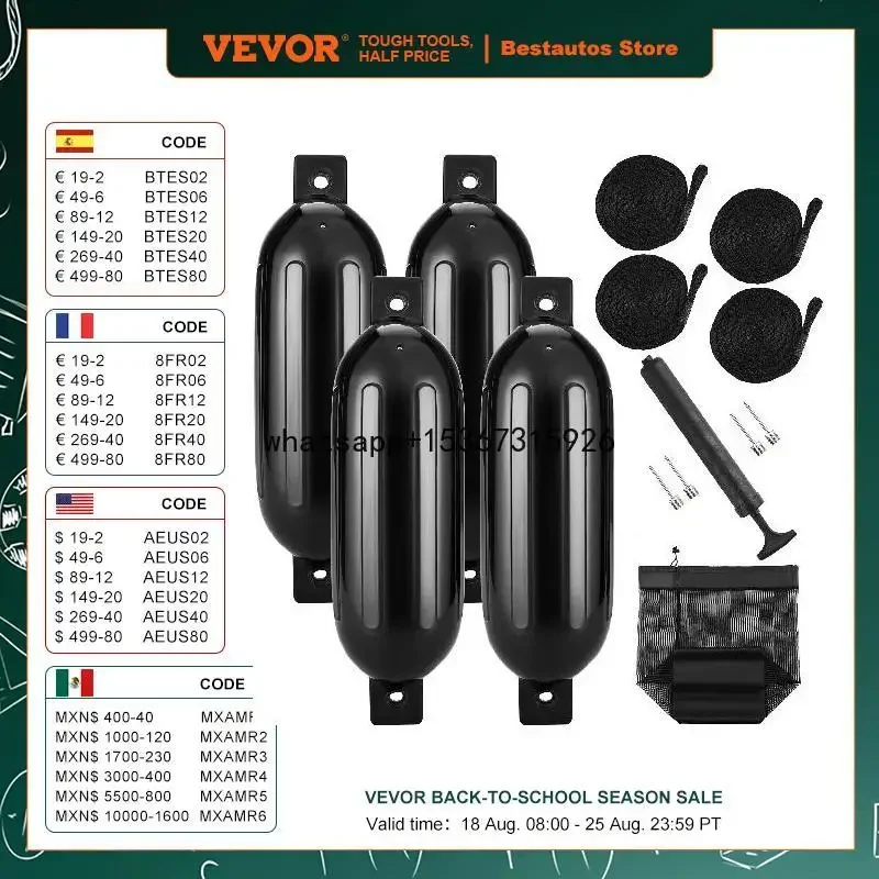 VEVOR Boat Fenders Boat Bumpers for Docking Inflatable Ribbed Fender with Center Hole Air Pump 4 Needles 4 Ropes and Storage Bag