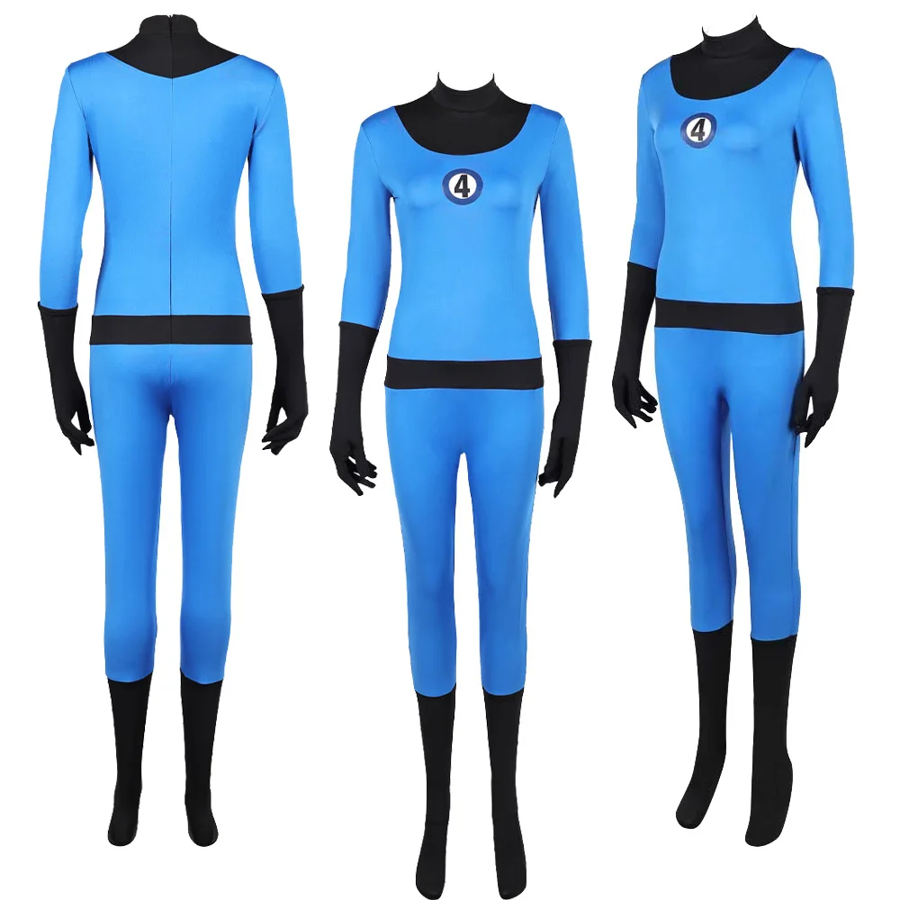 

Female Invisible Woman Roleplay Susan Storm Cosplay Blue Jumpsuit Team Costume Movie Fantastic Bodysuit Gloves Halloween Suit