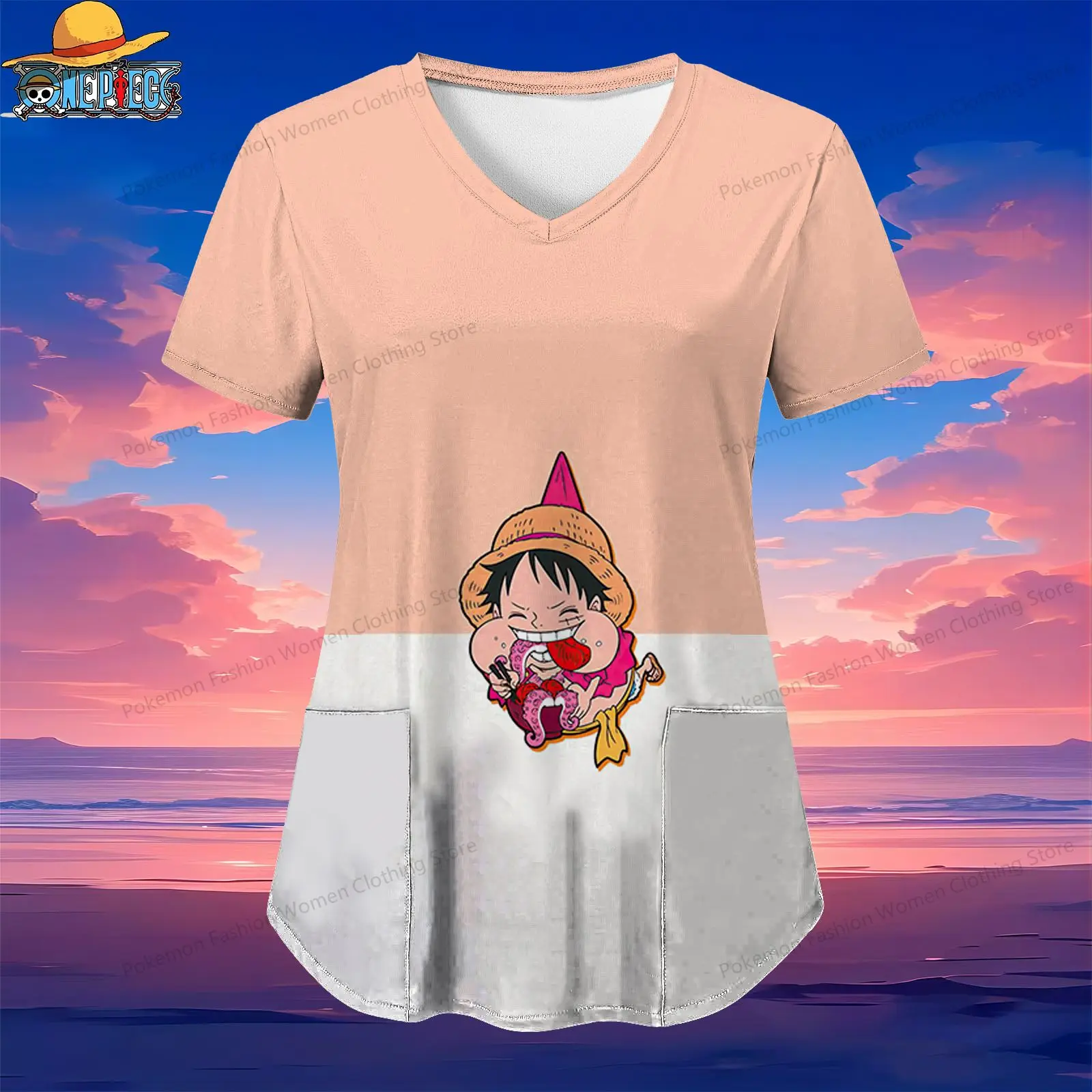 

One Piece Pocket Women's V Neck Nurse Uniform T-Shirt S-2XL 2024 Short Sleeve Tee Luffy Street Wear Summer Anime Kawaii Y2k Top