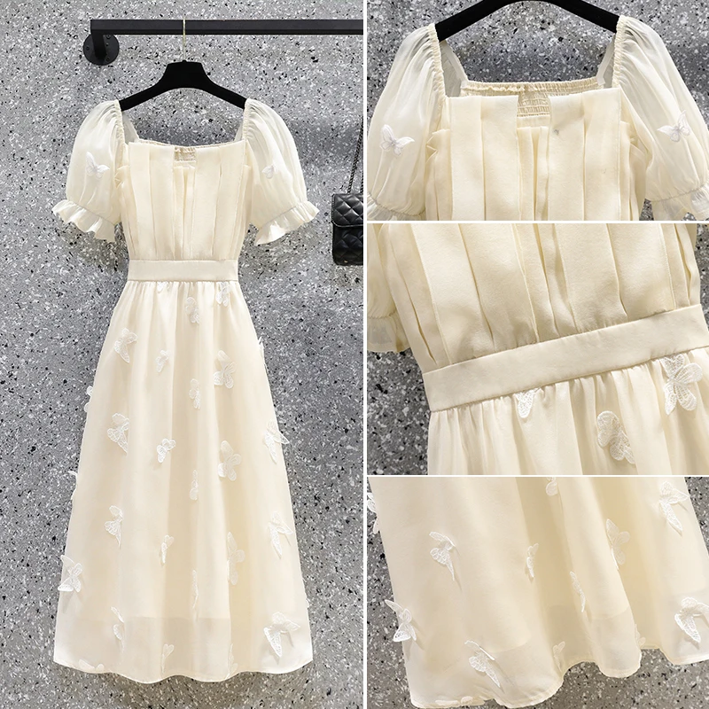 2024 Chiffon bianco manica a sbuffo fiocco colletto quadrato abito longuette donna Boho Fashion Light Beach prendisole estate elegante vestito aderente