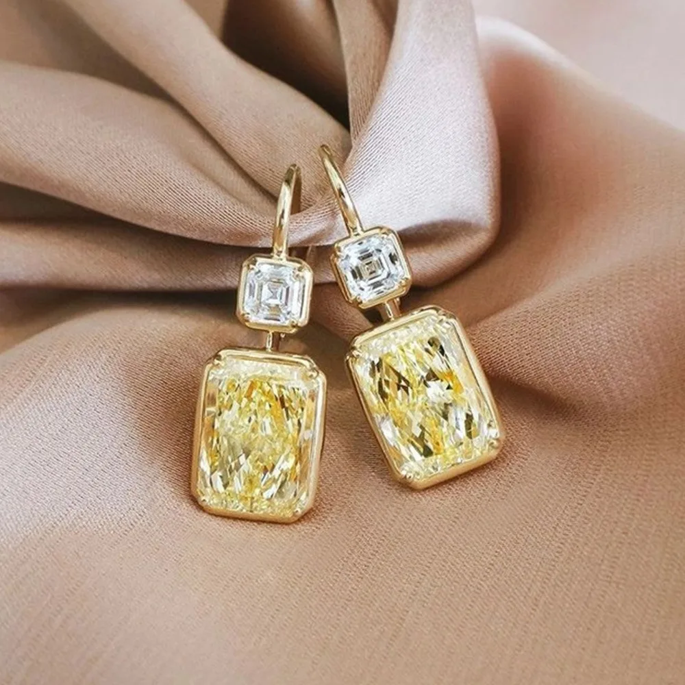 Korean Luxury Colored Gemstone Square Yellow 5A Zircon Dangle Earrings for Women Bride Wedding Engagement High Quality Jewelry