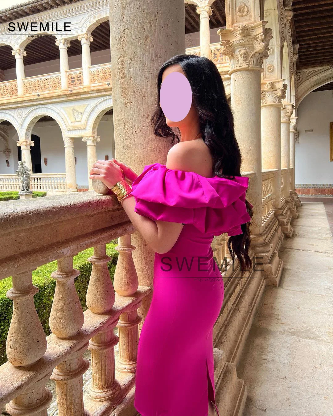 SWEMILE Rost Pink Column Off-The-Shoulder Neckline Slit Zipper Up Flowers Tea-Length Evening Dress Party Dresses Wedding Party