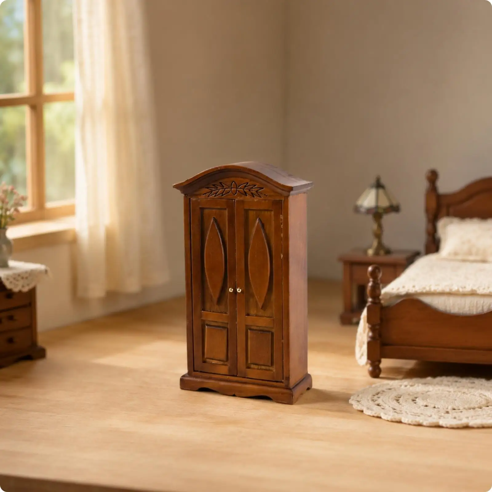 1:12 Scale Dollhouse Storage Cabinet Wooden Birch Wood Miniature Wardrobe with Walnut Finish Detailed for Collector Display