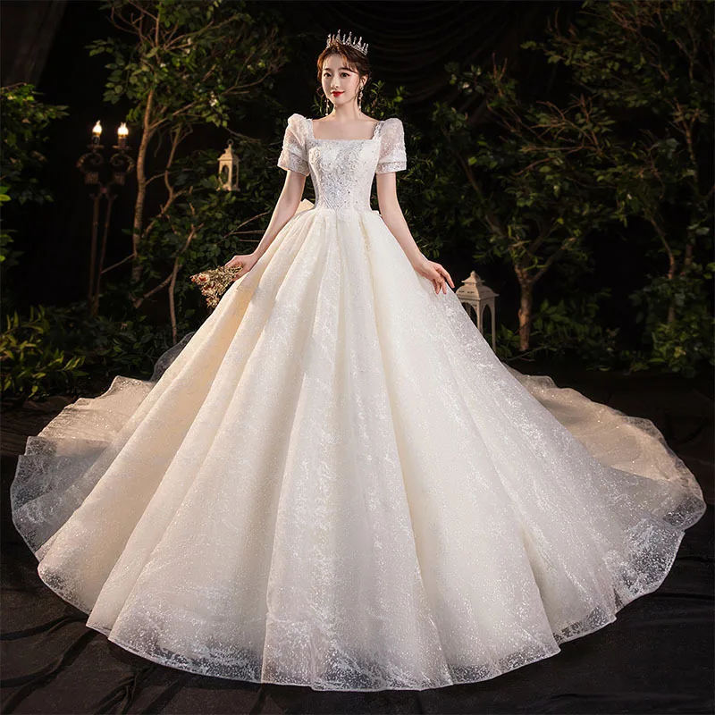 

Vintage Square Collar Ball Gown Wedding Dresses With Big Bow Shiny Luxury Vestido De Noiva Princesa Classic Lace Suknia Slubna